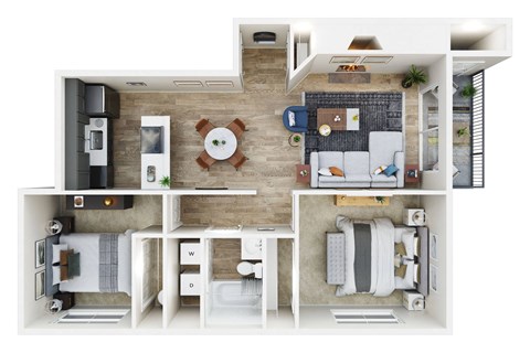 Floor plan for 2 beds, 1 bath, 837 sqft